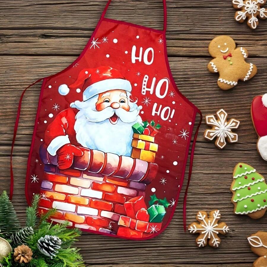 1 件带领带的圣诞主题围裙，经典圣诞老人设计 - 适合家庭厨房、餐厅工作人员、节日派对装饰围裙 - 紅色 - 查看 1