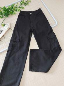 Women's Wide-Leg High-Waisted Cargo Jeans In Twill Fabric - màu đen - Xem 2