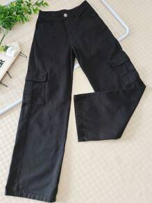 Women's Wide-Leg High-Waisted Cargo Jeans In Twill Fabric - màu đen - Xem 1