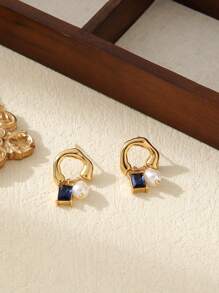 1pair Stainless Steel 18k Plated Pearl & Cubic Zirconia Earrings Suitable For Work, Party, Date - Pearl Ear-rings - View 14