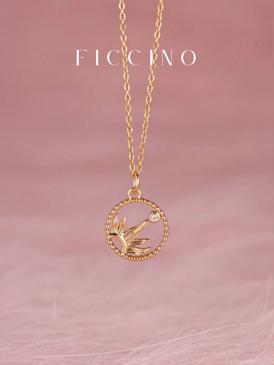 FICCINO 时尚太阳和星星图腾镀金方晶锆石吊坠项链，可调节钛钢镀金 O 型链，适合送给女孩和好朋友的时尚珠宝礼物，附赠盒子 - 365n - 查看 1