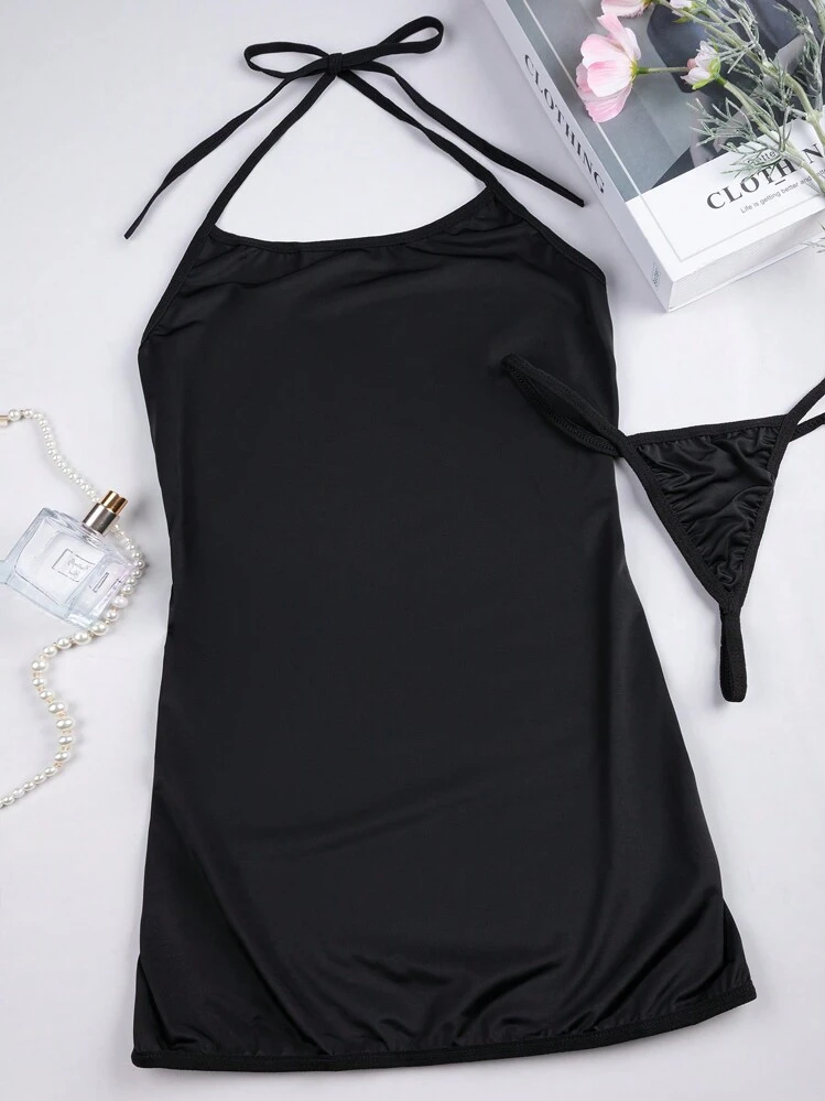 2pcs Sexy Lingerie Set - Backless Strap Slip Dress + Black T-Shirt | SHEIN  USA