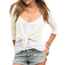 Women's Tie Front Shrug 3/4 Sleeve Bolero Sheer Knotted Lightweight Cardigan Sweaters Short Shawl Tops - 米色 - 查看 3