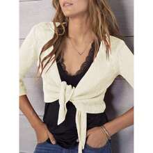 Women's Tie Front Shrug 3/4 Sleeve Bolero Sheer Knotted Lightweight Cardigan Sweaters Short Shawl Tops - 米色 - 查看 4