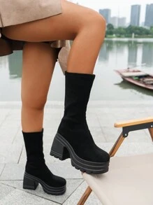 Giày bốt cao đến giữa bắp chân đế dày lót nhiệt màu đen ấm áp dành cho nữ, phong cách EU/US, chống trượt, thích hợp đi hộp đêm, trung tâm mua sắm, tiệc tùng, sinh viên, ngoài trời, công sở, ăn uống - màu đen - Xem 5