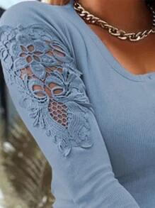 Lace Panel Long Sleeve Tops Button Half V Neck Slim Fit Basic Casual Daily Wear