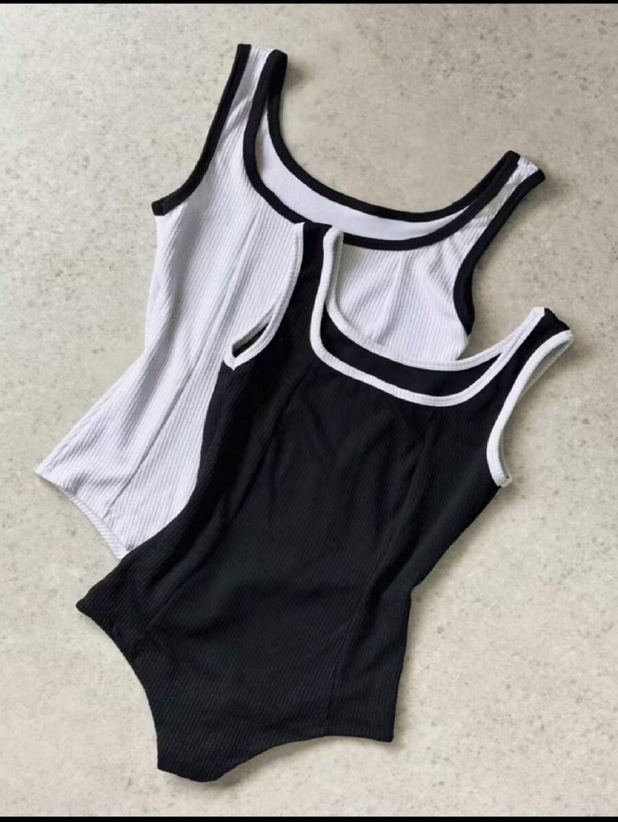 Kit 2 Women's Ribbed Tank Tops Summer 2024 - 黑與白 - 查看 1