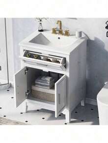 24" Bathroom Vanity With Sink, Bathroom Vanity Cabinet With One Flip Drawer And Doors, Solid Wood And MDF, White - 1 - 查看 2