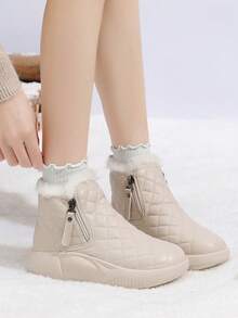 Giày bốt đi tuyết cổ ngắn đế xuồng lót ấm mùa đông 2024 cho nữ, thời trang - Màu be - Xem 8