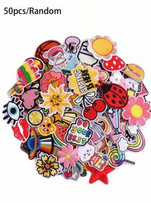 50 piezas/Paquete Parches de bordado de girasoles y letras en inglés termoadhesivos de colores aleatorios, aptos para DIY en ropa y accesorios - sombreros, jeans, vestidos, etc. Adorables y únicos apliques bordados de dibujos animados