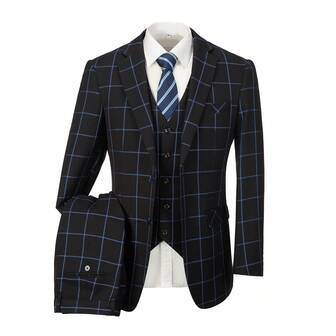 Men's Suit Set,3 Pieces Plaid Suit For Men Slim Fit Formal Bussiness Wedding Suit Prom Tuxedos Suit Blazer Vest Pant