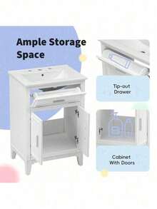 24" Bathroom Vanity With Sink, Bathroom Vanity Cabinet With One Flip Drawer And Doors, Solid Wood And MDF, White - 1 - 查看 5