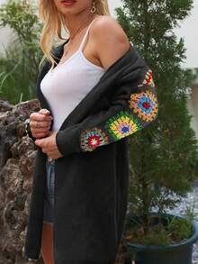 Women's Casual Solid Color Crochet Flower Long Cardigan Sweater Coat, Suitable For Daily Wear And Commuting (Flower Color Random), Autumn/Winter - Black - View 4