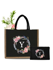 1 套黑色亚麻手提包，带 A-Z 花卉印花设计，带化妆包，简约优雅，个性化伴娘婚礼礼品包，化妆包，旅行简易收纳包，纯色化妆品钱包，大容量旅行化妆包，圣诞节最佳教师礼物 - 黑色 - 查看 13