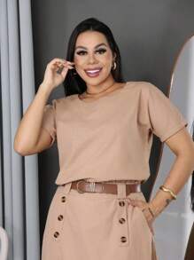 Conjunto Linho Feminino Saia Longa Com Fenda + Blusa Casual - Moda Feminina / Sem Cinto - Marrom - Visão 4