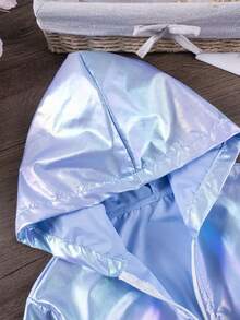 年轻女孩闪亮拉链防晒夹克超薄时尚连帽外套春夏 - 藍色 - 查看 6