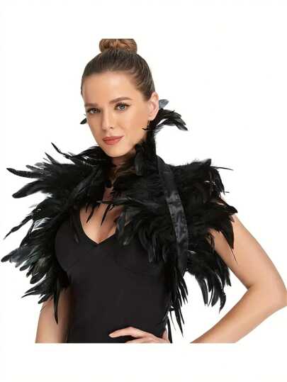 1 szt. Jednolity kolor Vintage Bohemian Fabric Women's Gothic Black Feather Shrug Cape, Vintage Style Raven Cosplay Accessory, Strój wiedźmy Swan na Halloween Prom