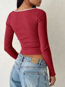 Burgundy Contrast Lace Long Sleeve Crew Neck Fitted Knit T-Shirt, Spring/Summer - Burgundy - View 2
