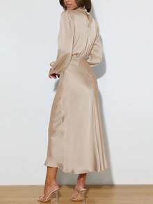 Vestido de noche elegante de manga larga y cuello alto de satén, vestido de fiesta formal para dama de honor, vestido de cóctel para invitada de boda - Albaricoque - Ver 4