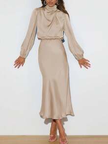 Vestido de noche elegante de manga larga y cuello alto de satén, vestido de fiesta formal para dama de honor, vestido de cóctel para invitada de boda - Albaricoque - Ver 3