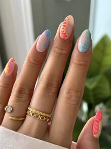 Transforme suas unhas com o Kit com 24 Peças de Unhas Adesivas de Médio Tamanho em Formato de Amêndoa Estilo Boho, Multicolorido, com Design de Linha Ondulada Romântica e Elementos Interessantes de Poá e Gota d'Água em Tiras de Gel, Inclui 1 Folha de Adesivos e 1 Lixa Pequena para Uso Diário, Escritório, Festas e Acessórios de Jóias para Mulheres