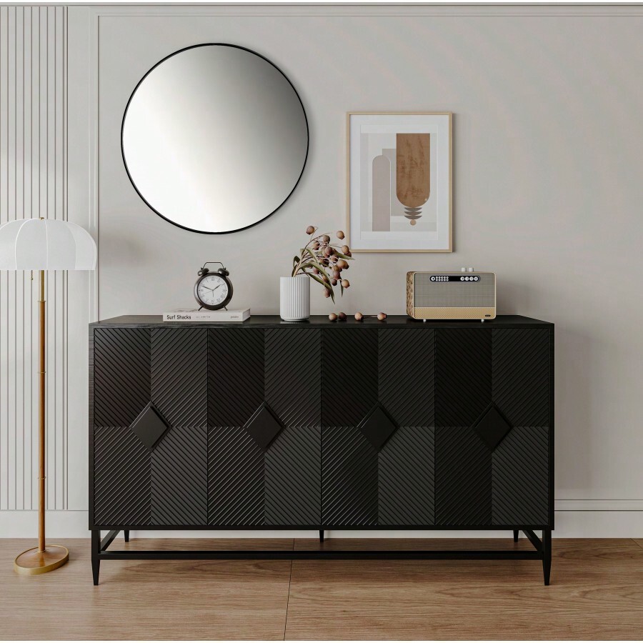 Accent Black Lacquered 4 Door Wooden Sideboard Buffet Server