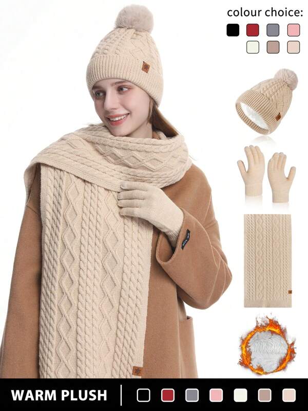 1-3pcs/Set Women's Winter Knitted Beanie Scarf Touchscreen Gloves Set, Thick Lined, Striped, Textured, Pompom Decor, Suitable For Skiing, Travel, Driving, Gifts Halloween