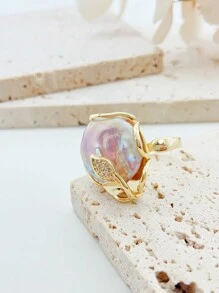 1 pieza Anillo abierto ajustable de perla barroca, diseño floral minimalista, elegante y ligero para mujeres