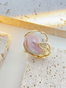 1 pieza Anillo abierto ajustable de perla barroca, diseño floral minimalista, elegante y ligero para mujeres