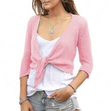 Women's Tie Front Shrug 3/4 Sleeve Bolero Sheer Knotted Lightweight Cardigan Sweaters Short Shawl Tops - 淺粉色 - 查看 1