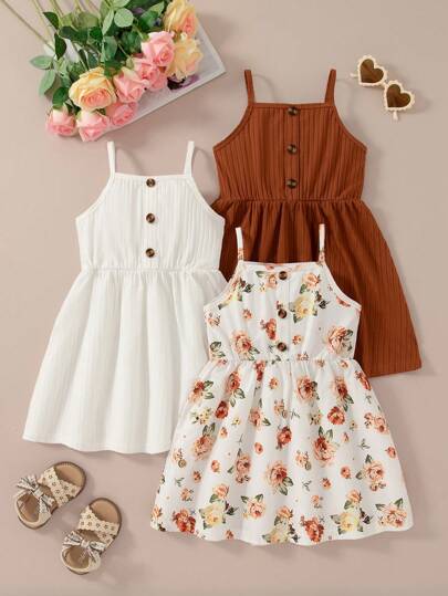3pcs/Set Young Girls Sleeveless Floral Print Solid Color Button Decor Casual Dress Suit