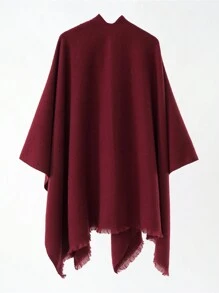 1 件女士纯色条纹时尚保暖披肩，秋冬款 - 酒紅色 - 查看 3