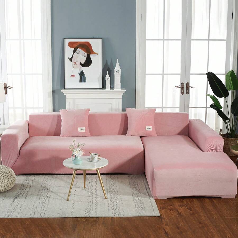 L Shape Sectional Sofa Cover 2-Piece Couch Cover Soft Velvet Elastic Stretch Sofa Slipcover For 3 Seater + 4 Seater Sofa Furniture Protector Couch Stretch L Shape Sofa Slipcover With 4Pcs Pillowcases - 粉色 - 查看 1