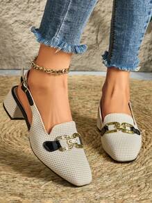 2024 年春夏新款法式高跟女式中跟尖头后带凉鞋 - 米色 - 查看 1