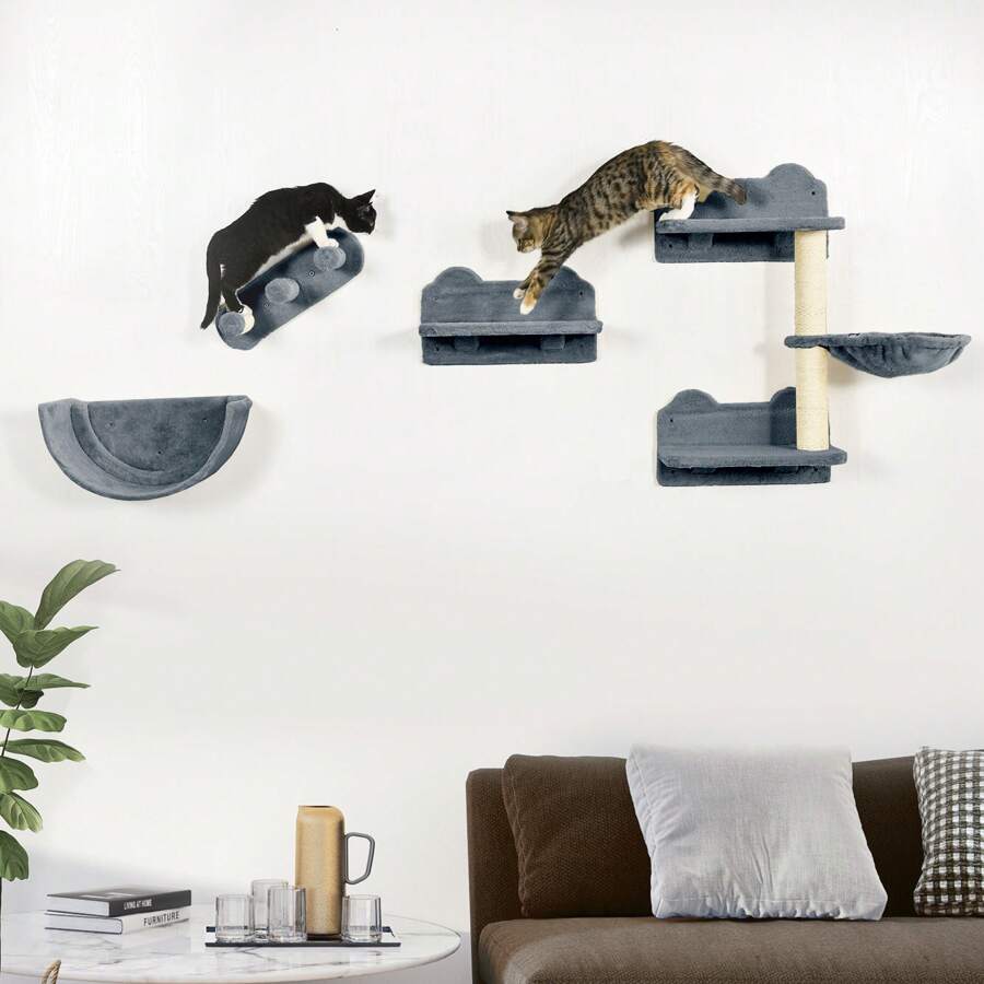 PawHut Estante de Escalada para Gatos de Pared Juego de Estantes para Gatos 4 Piezas con Hamaca Nido Rascador Plataformas para Saltar y Poste de Sisal Gris - Gris Oscuro - Ver 1