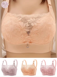 Set de 3 sujetadores inalámbricos cómodos, transpirables y con soporte ligero en colores púrpura, nude y rosa para prevenir el hundimiento y elevar el busto de las mujeres