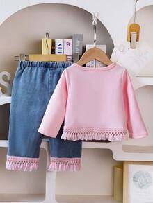 Bộ 2 áo dài tay tua rua màu hồng thường ngày cho bé gái và quần denim tua rua mùa xuân thu - Hồng - Xem 2