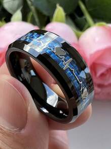 8mm Stylish Stainless Steel Ring With Heartbeat Design & Blue Fiber Shape Band, Unisex Engagement Rings For Wedding & Party, Valentine's Day Gift Valentines,Mom,Mother,Mother's Day,Gift - Heartbeat Ring - View 21