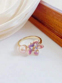 1 pieza Anillo abierto ajustable de perla barroca, diseño floral minimalista, elegante y ligero para mujeres