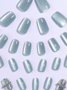 Enhance Your Charm 28pcs Nude Short Square Press-On Nails, Handmade Light-Chasing Blue Cat's Eyes With Sparkling Chain Japanese False Nail Kit, Suitable For Girls And Ladies To Wear During Festivals, Parties, Offices And Daily Life, With Nail Tools 1 Piece Of Jelly Glue 1 Rubbing Strip