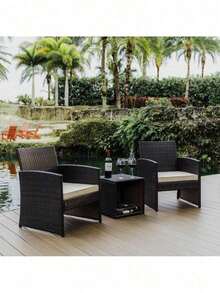 3PC Patio Outdoor Chairs Set With Table, Outdoor Wicker Furniture Set For Lawn - 棕色/米色 - 查看 1