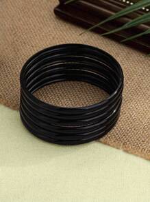 Bộ 6 vòng tay xếp chồng phong cách Bohemian thanh lịch tối giản thời trang màu đen bề mặt nhẵn, phụ kiện trang phục dự tiệc Gothic Punk - màu đen - Xem 5