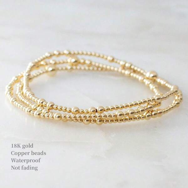 3pcs/Set Bohemian Classic Minimalist Copper Beads With Scattered Distribution, Elastic 18K Gold-Plated Bracelet For Women, Summer Bracelet, Friend Gift