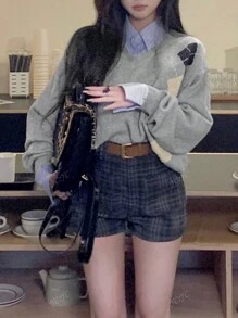 Retro V-Neck Contrast Color Diamond Pattern Casual Sweater