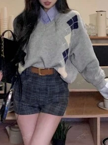 Retro V-Neck Contrast Color Diamond Pattern Casual Sweater