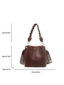 Mini Textured Solid Color PU Bucket Bag, Retro Versatile Women Shoulder Bag, Summer Fashion - Brown - View 11