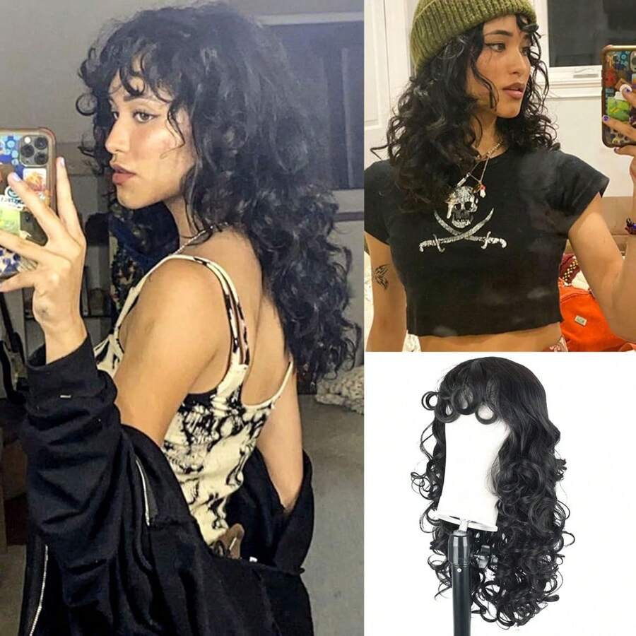 KRSI Long Curly Wigs With Wispy Bangs Dark Brown Natural Shag Curly Haircuts Synthetic Hair Wigs For Black Women Daily Party Use 24inch(Dark Brown) Christmas Gifts - 黑色 - 查看 1