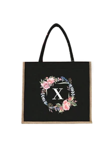 1 套黑色亚麻手提包，带 A-Z 花卉印花设计，带化妆包，简约优雅，个性化伴娘婚礼礼品包，化妆包，旅行简易收纳包，纯色化妆品钱包，大容量旅行化妆包，圣诞节最佳教师礼物 - 黑色 - 查看 38