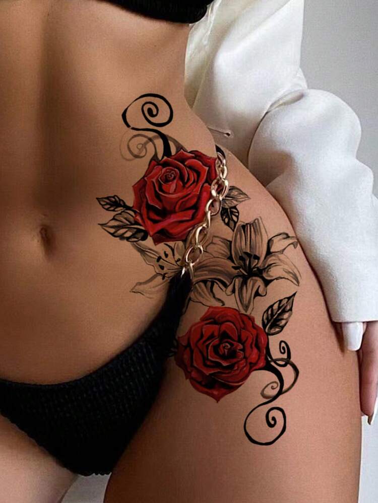 Rose Pattern Waterproof Temporary Tattoo Stickers, Sexy Fake Thigh Tattoos For Women, 3D Floral Realistic Waist Belly Tattoos, Large Full Arm Fake Tattoos, Last 2-5 Days, Cover Scars, For Arms, Wrists, Shoulders, Legs, Waist, Neck, Back, Chest, Thighs