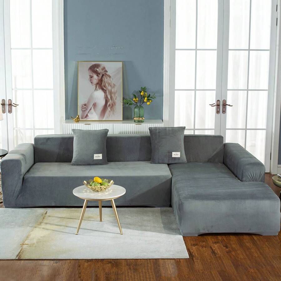 L Shape Sectional Sofa Cover 2-Piece Couch Cover Soft Velvet Elastic Stretch Sofa Slipcover For 3 Seater + 4 Seater Sofa Furniture Protector Couch Stretch L Shape Sofa Slipcover With 4Pcs Pillowcases - Màu Xám nhạt - Xem 1